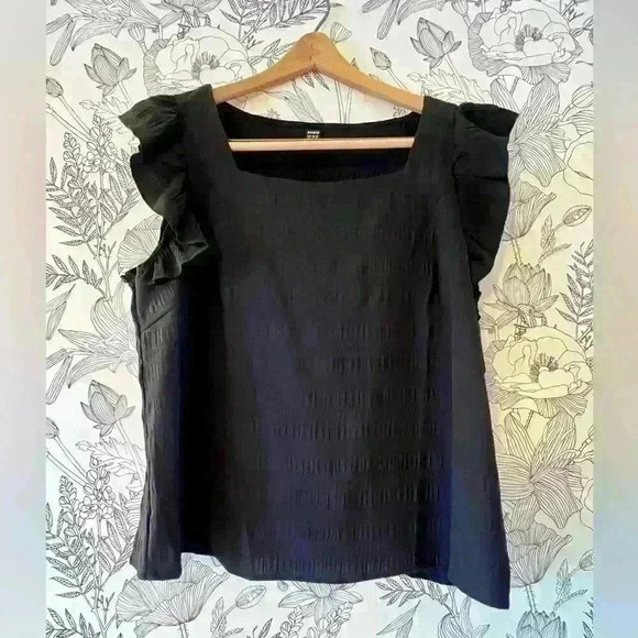 Tops - Black blouse with Ruffle Sleeves and Square Neck, Size XL